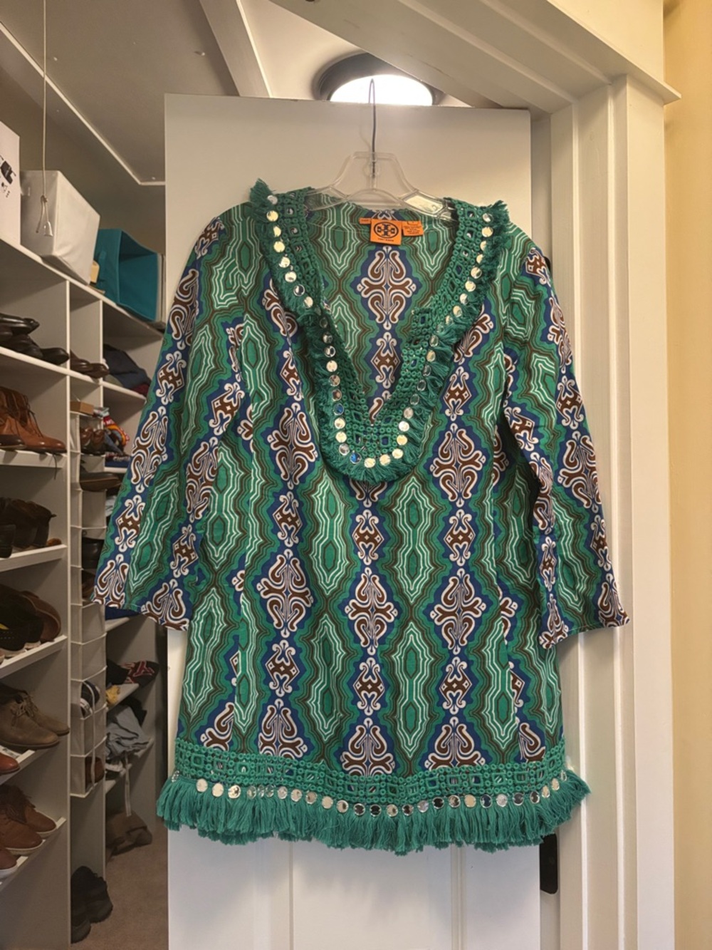 Tory Burch Embellished Green & Blue Patterned